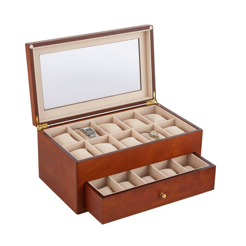 Cherry Wood 20-Watch Box with Glass Top and Drawer Velour Lining and Pillows