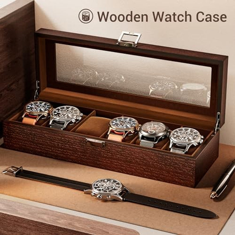 Wooden Watch Box for Men, 6 Slot Watch Display Case Mens Watch Box Organizer,