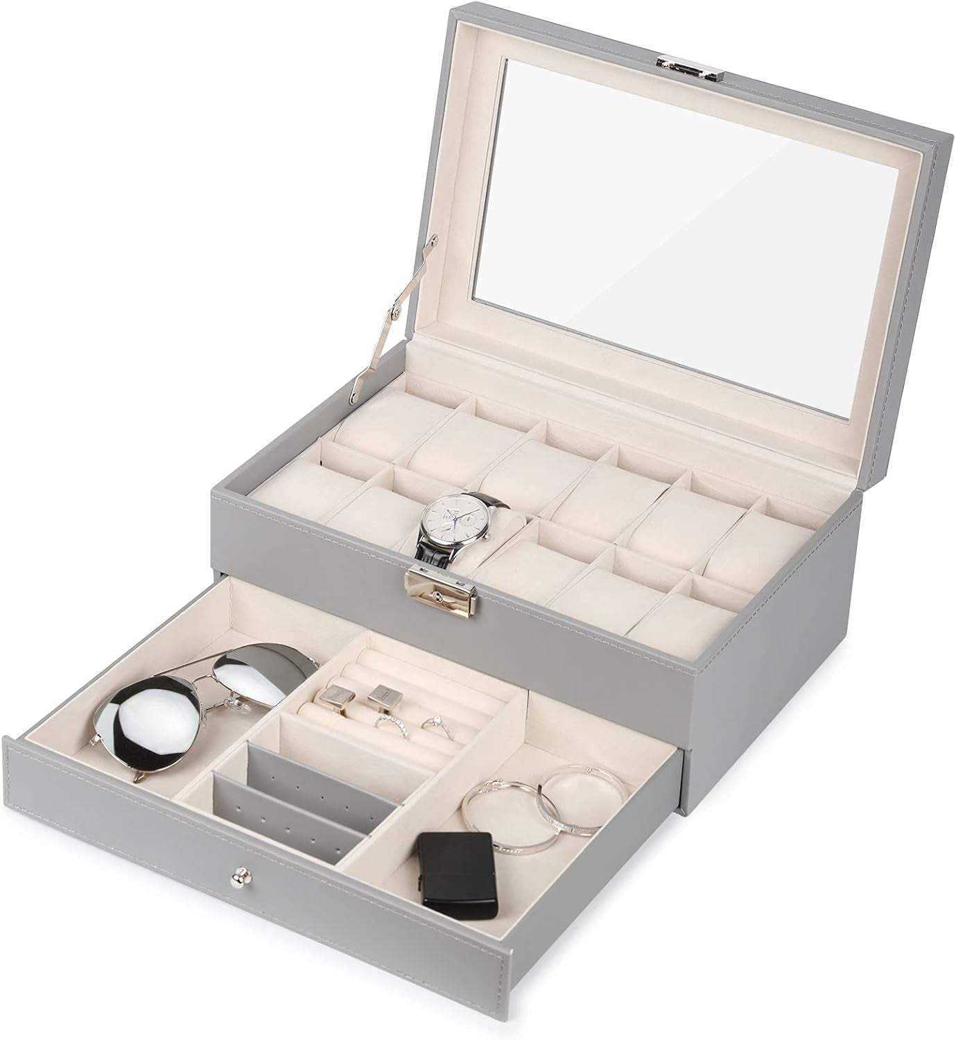 Watch Box 12 Slots, PU Leather Jewelry Box with Acrylic Top, Gray Display Case Organizer for Men and Women