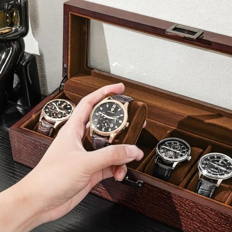 Wooden Watch Box for Men, 6 Slot Watch Display Case Mens Watch Box Organizer,