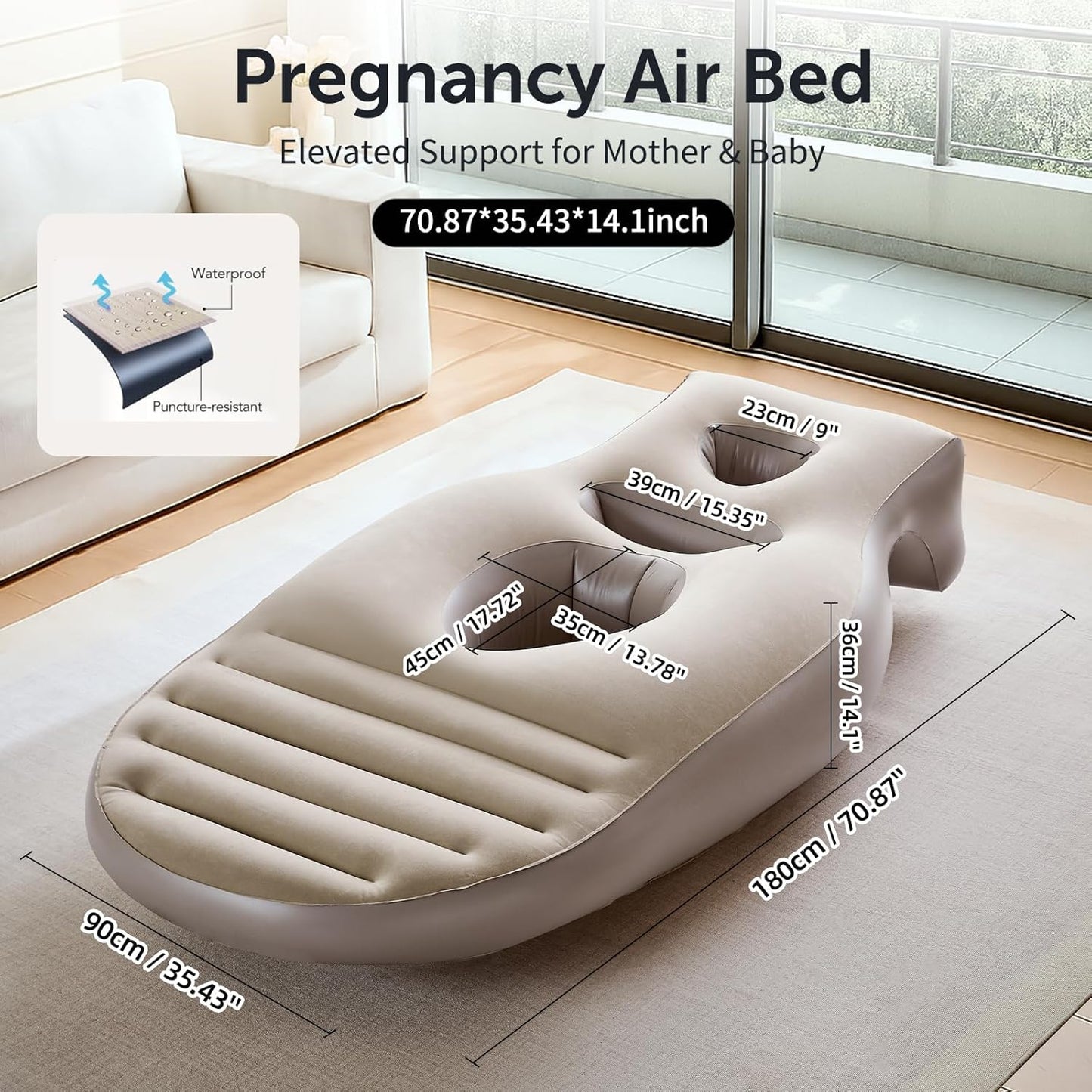 Inflatable Pregnancy Pillow,Full Body Pregnancy Mattress with Hole for Belly Chest/Head,Pregnancy Pillows for Prone Sleeping,Relieves Back Pain-Portable for Massage,Home,Trave (Khaki)