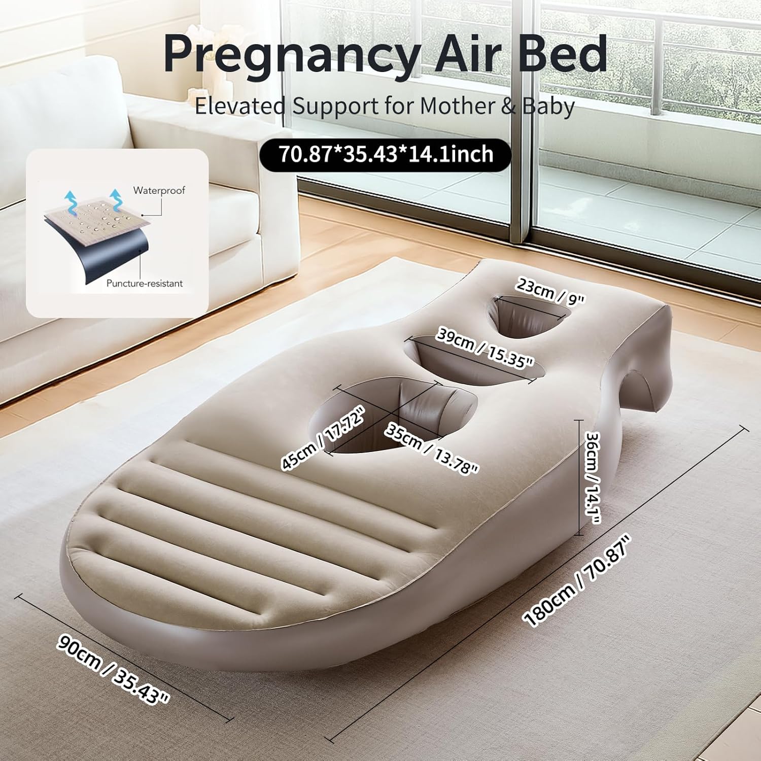 Inflatable Pregnancy Pillow,Full Body Pregnancy Mattress with Hole for Belly Chest/Head,Pregnancy Pillows for Prone Sleeping,Relieves Back Pain-Portable for Massage,Home,Trave (Khaki)