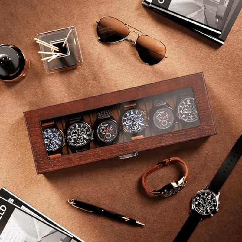 Wooden Watch Box for Men, 6 Slot Watch Display Case Mens Watch Box Organizer,