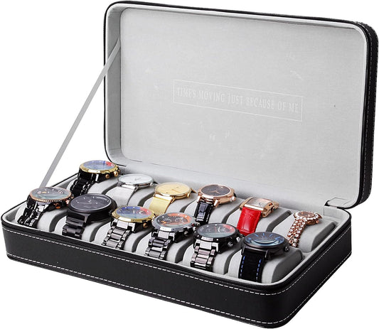 12-Slot Watch Box,Watch Cases for Men,Watch Holder with Removable Watch Pillow,Portable Zip Watch Travel Case,Black Synthetic Leather,Flannel Grey Lining