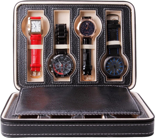 Slot Watch Case for Men,Portable Zip Watch Travel Box,Coffee Synthetic Leather,Watch Box Organizer for Men、Valentine'S Day, Father'S Day Weddings, Christmas, Birthdays (Black, 9.5X 7.1 X 2.5 In)