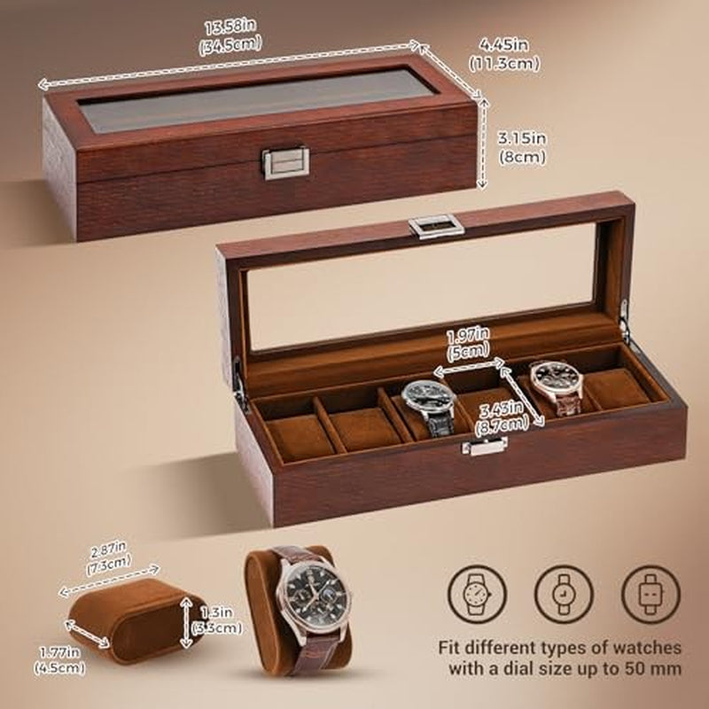 Wooden Watch Box for Men, 6 Slot Watch Display Case Mens Watch Box Organizer,