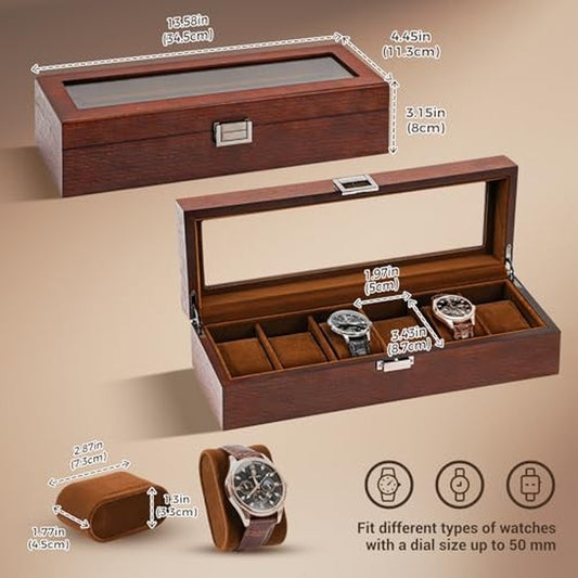 Wooden Watch Box for Men, 6 Slot Watch Display Case Mens Watch Box Organizer,