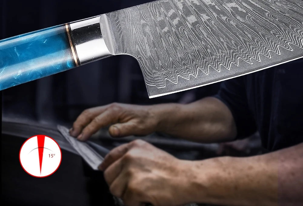 Blue Resin Gyuto Knife, 67-Layer Damascus 9.5 inch