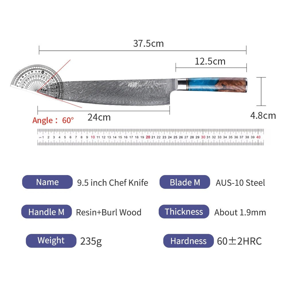 Blue Resin Gyuto Knife, 67-Layer Damascus 9.5 inch