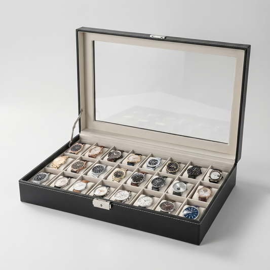 The Collector 24-slot watch box open with glass top, black leather-grain, cream velvet