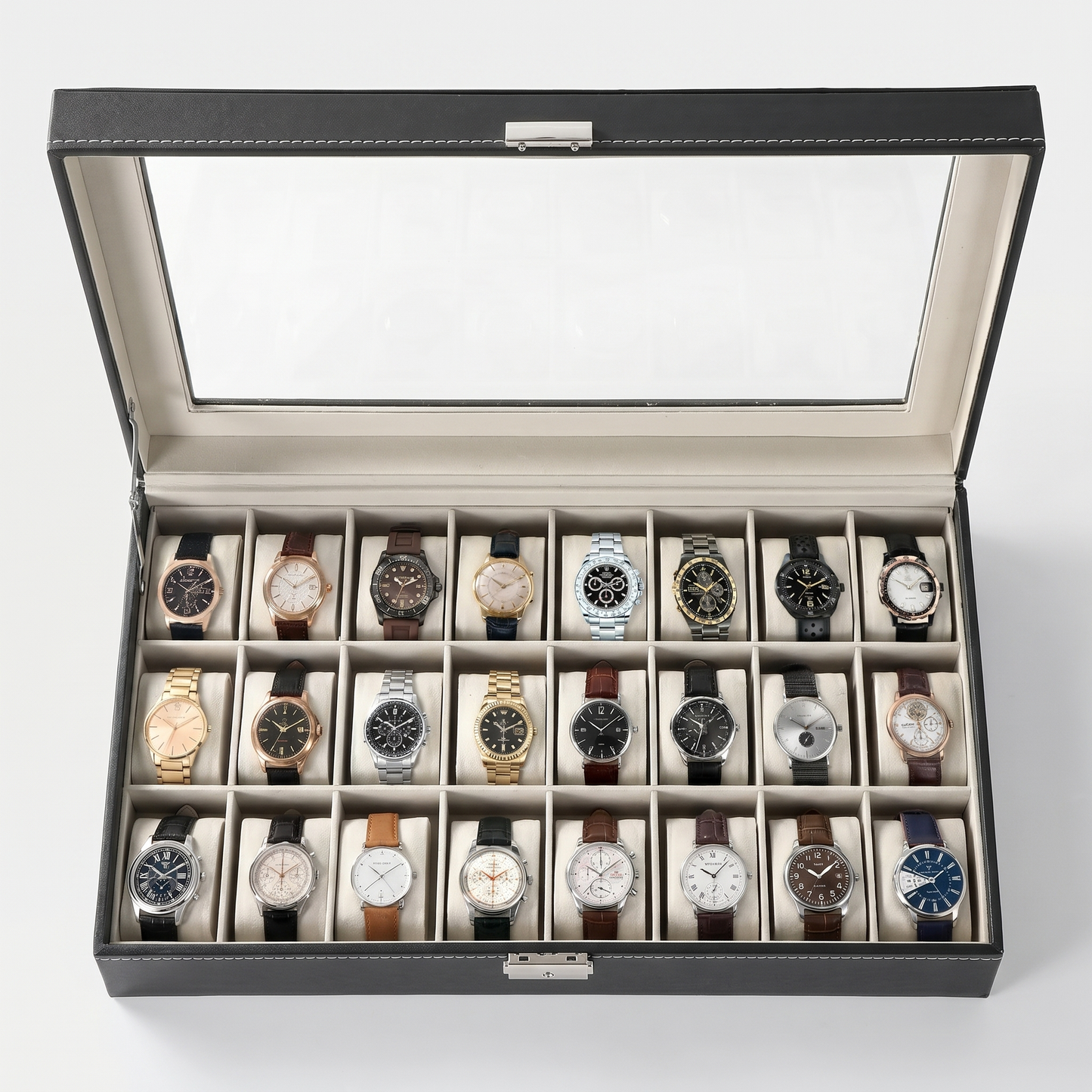 24-slot watch box top-down, watches in velvet slots