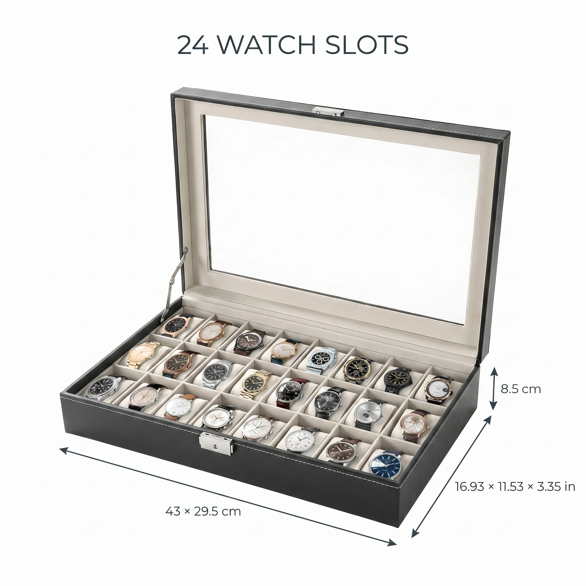 24-slot watch box dimensions 43 x 29.5 x 8.5 cm