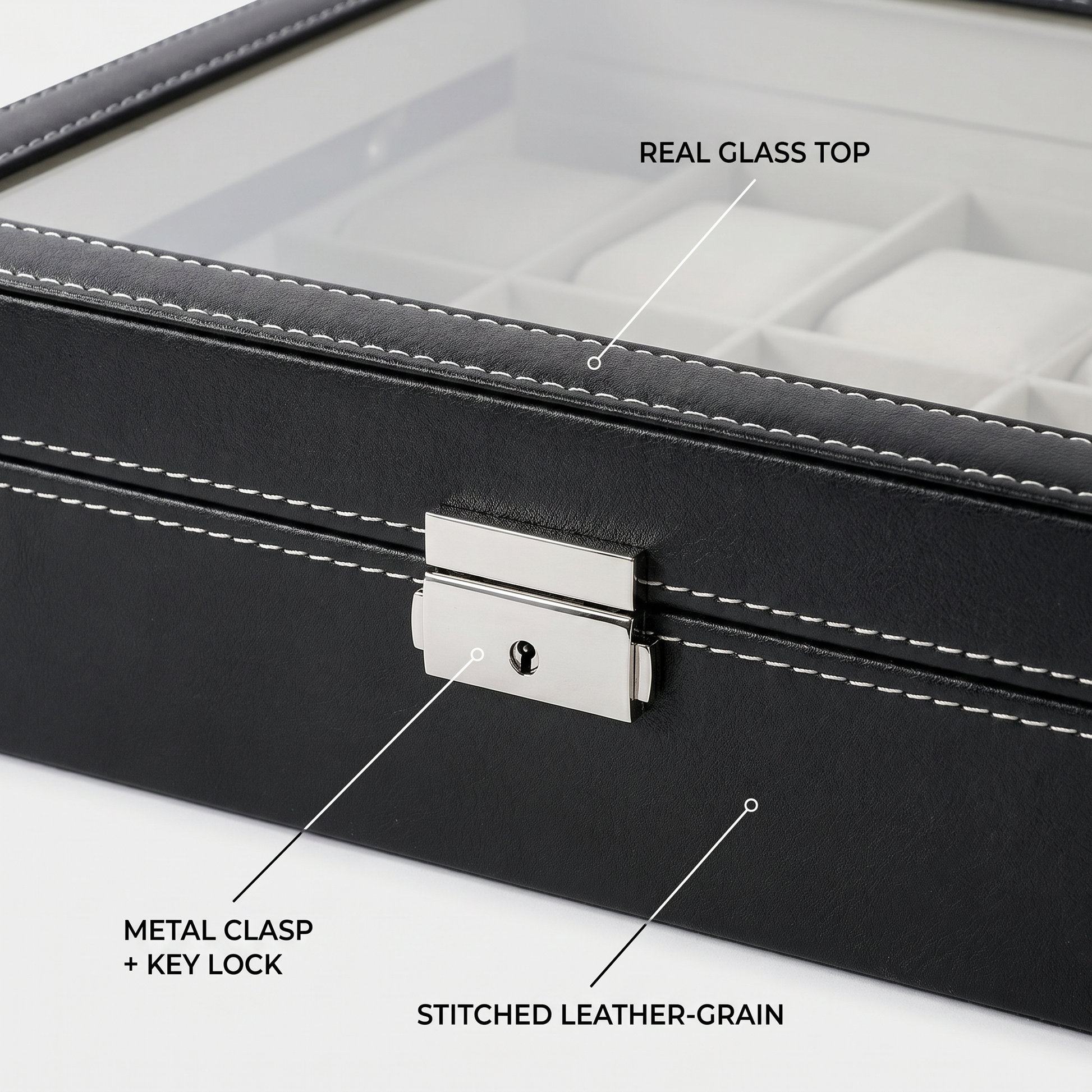24-slot watch box real glass top, metal clasp key lock