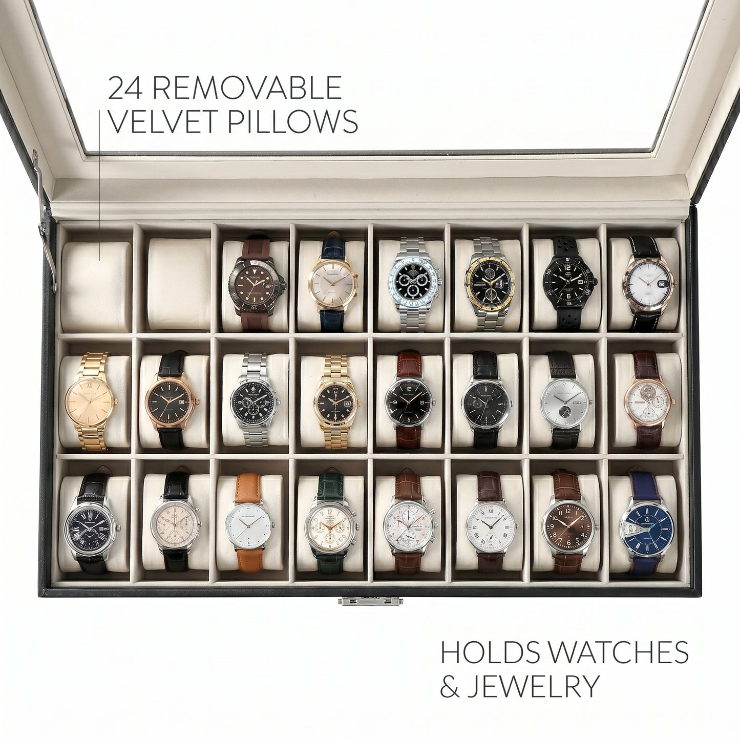 24-slot watch box 24 removable velvet pillows, holds watches and jewelry