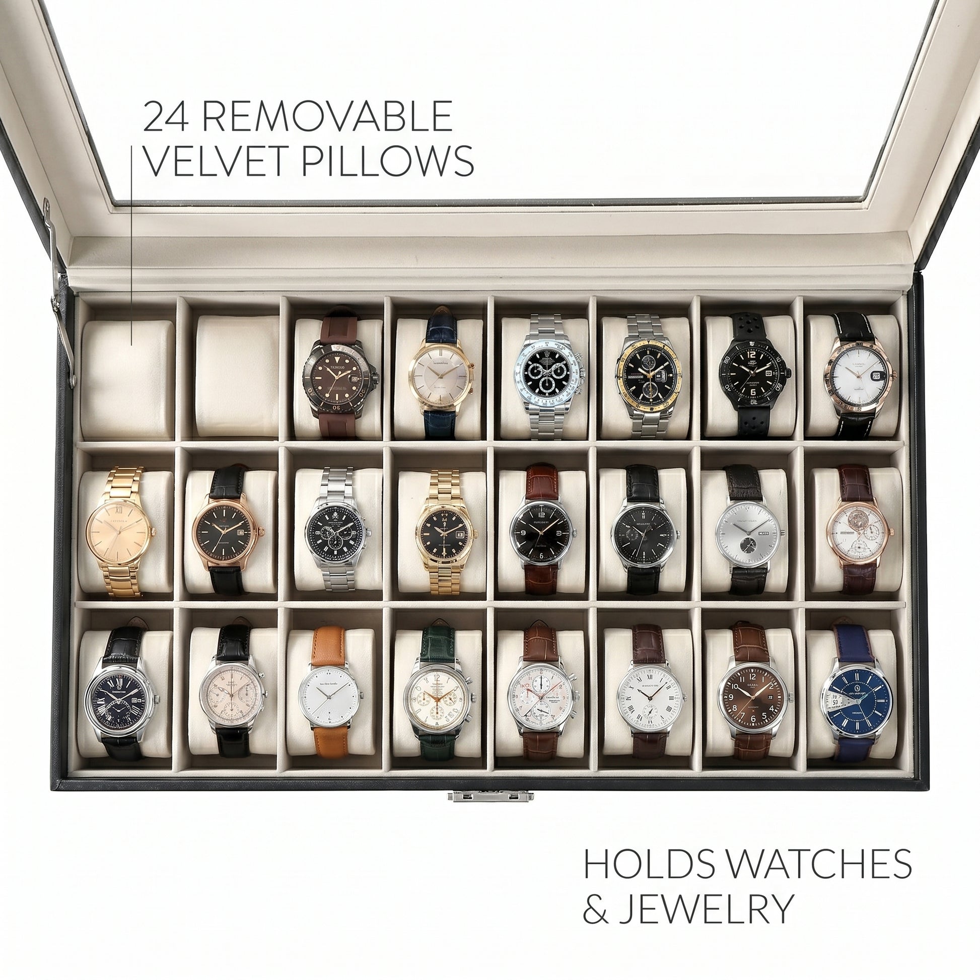 24-slot watch box 24 removable velvet pillows, holds watches and jewelry