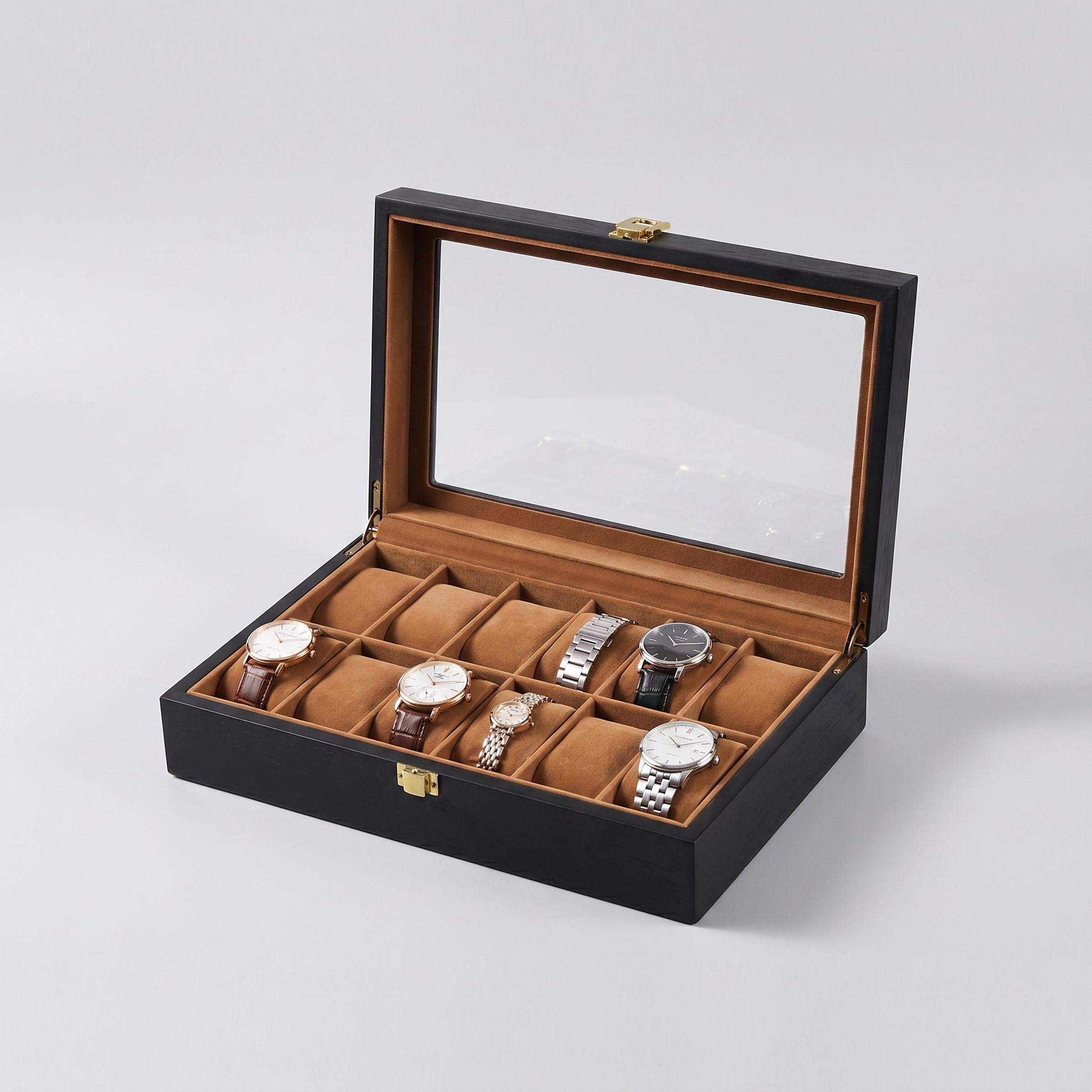 The Forester 12-slot black wood watch box open with glass top and tan velvet
