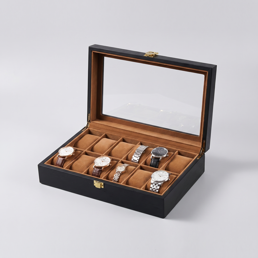 The Forester 12-slot black wood watch box open with glass top and tan velvet