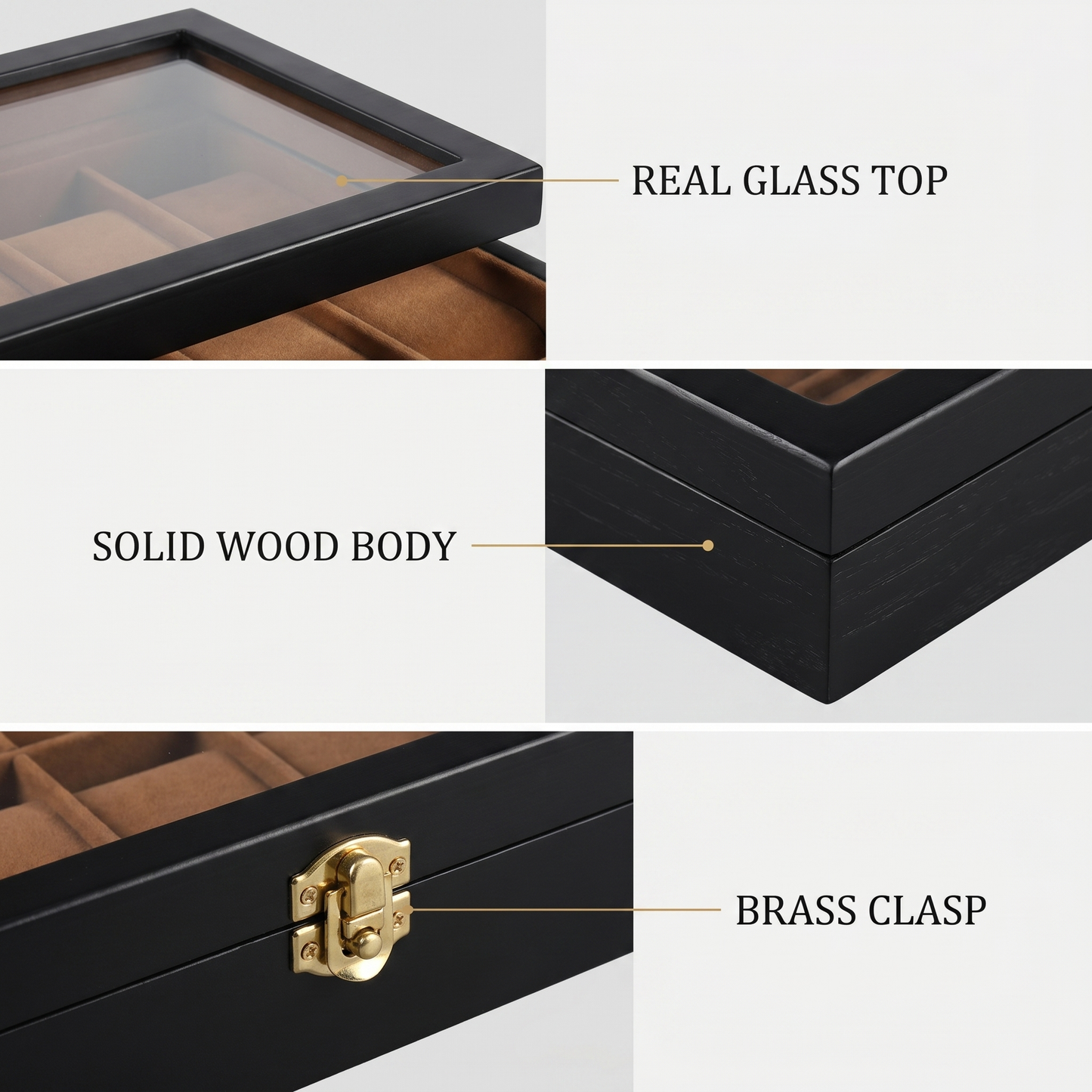 12-slot wood watch box real glass top, solid wood body, brass clasp