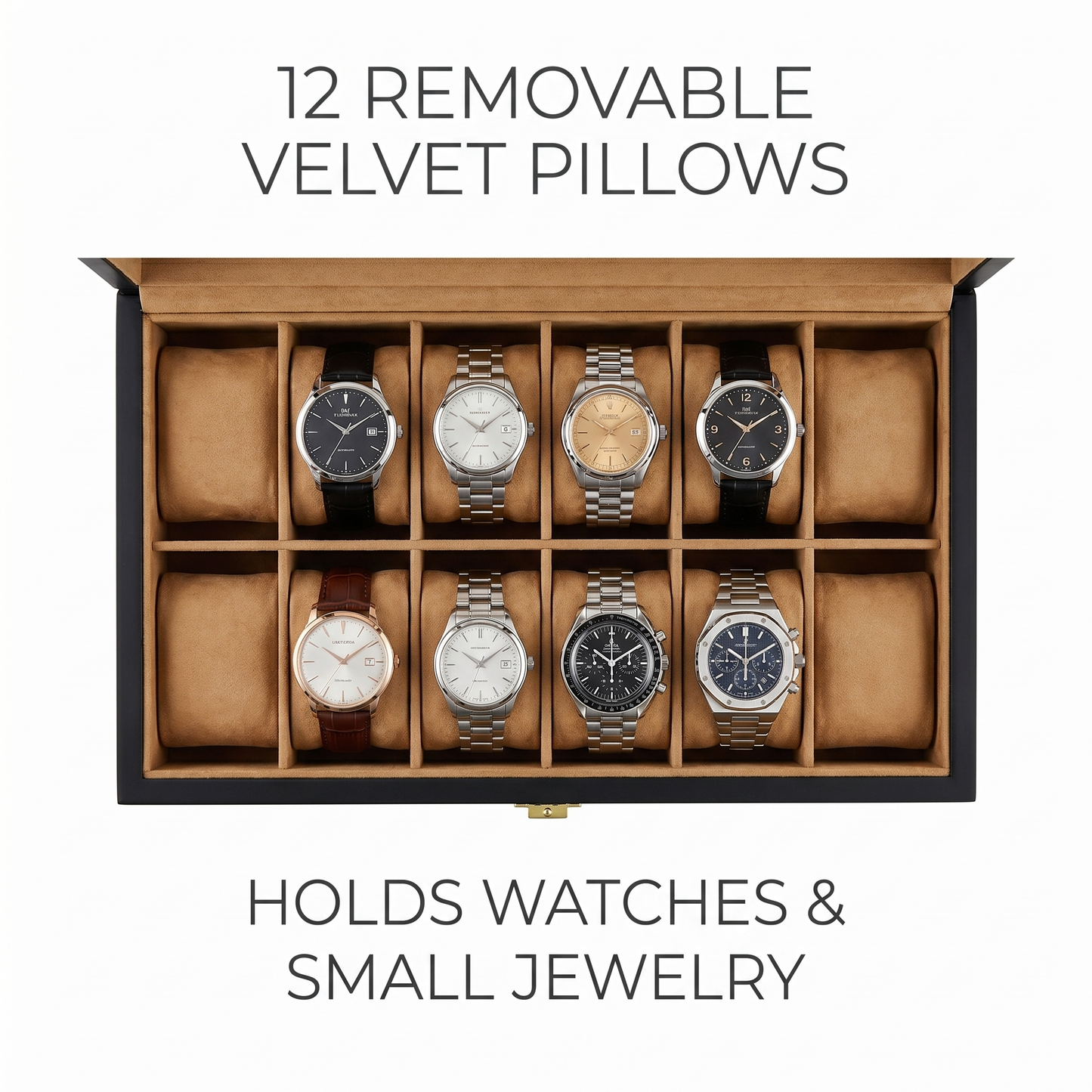 12-slot wood watch box 12 removable velvet pillows, holds watches and jewelry