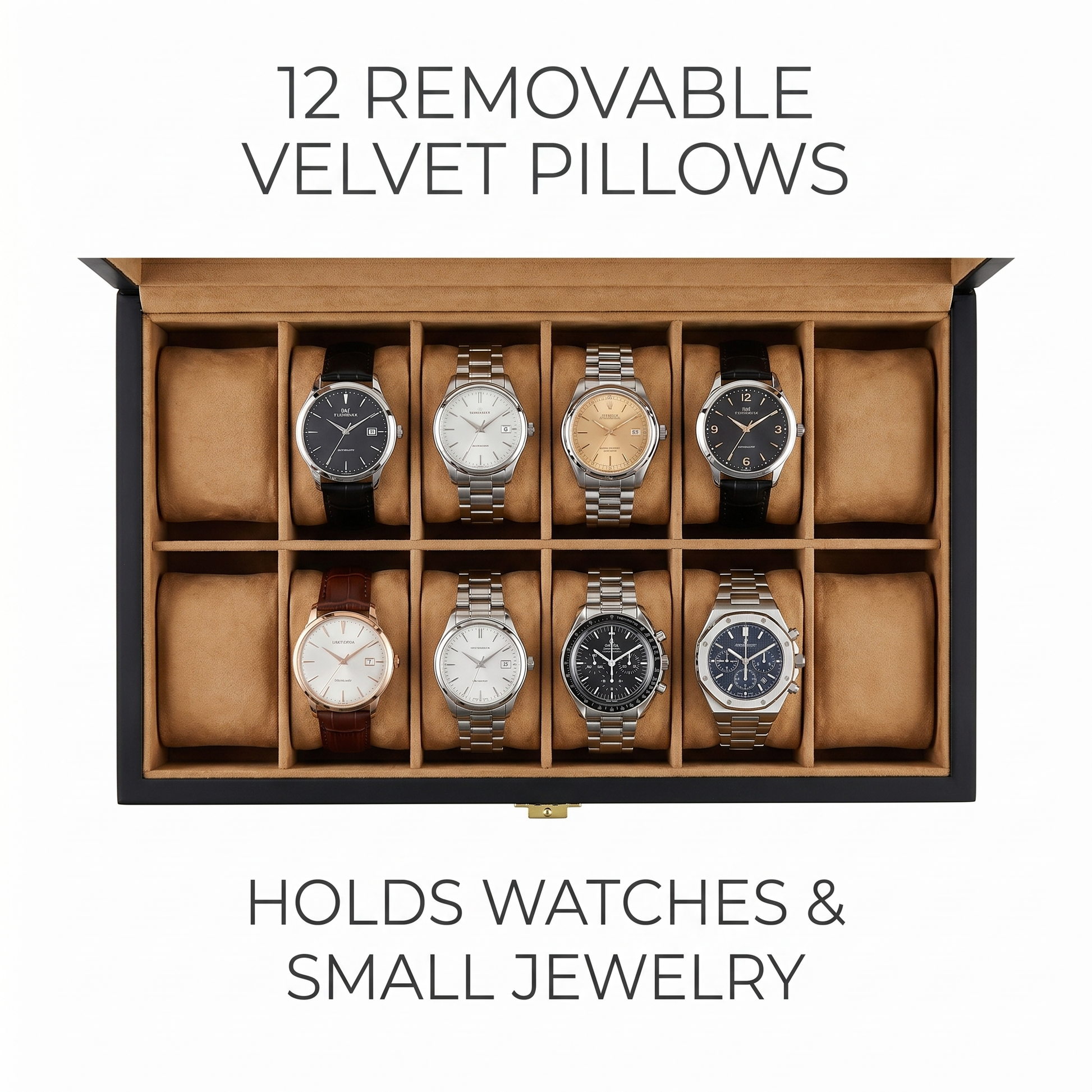 12-slot wood watch box 12 removable velvet pillows, holds watches and jewelry