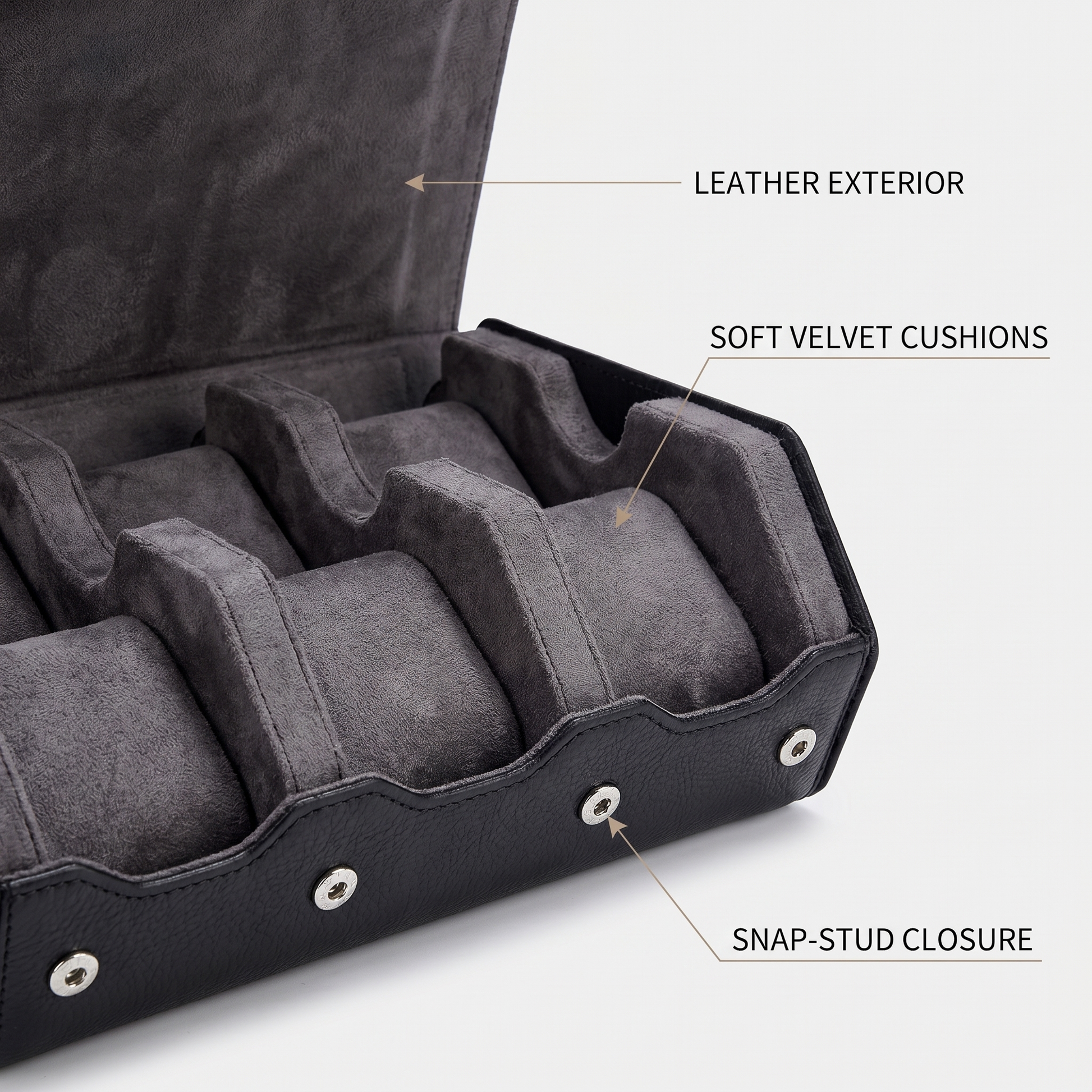 Watch roll leather exterior, soft velvet cushions, snap-stud closure