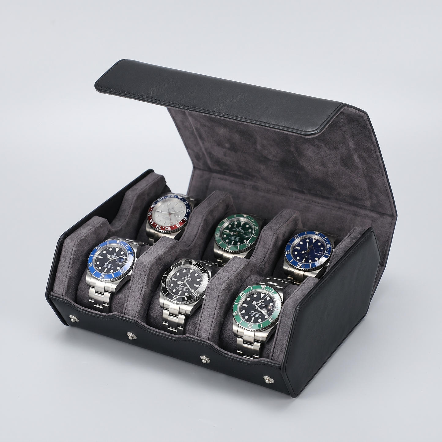 The Roll black leather watch travel case open with six watches