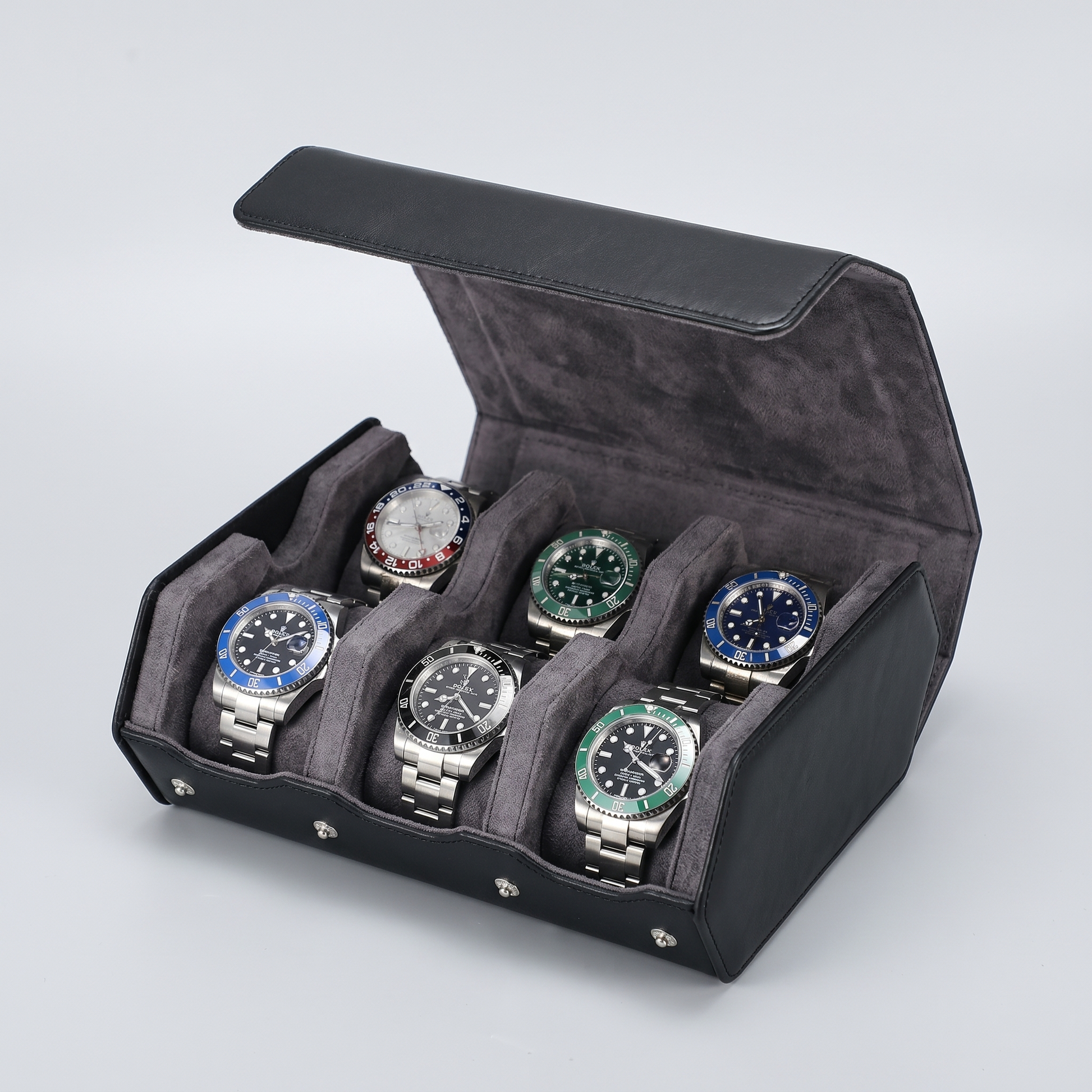 The Roll black leather watch travel case open with six watches