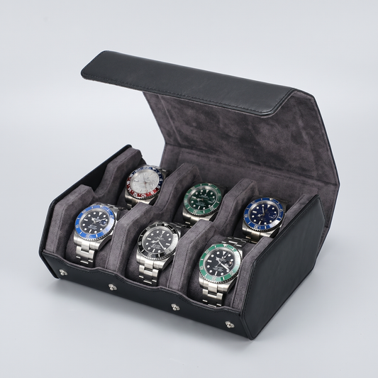 The Roll black leather watch travel case open with six watches