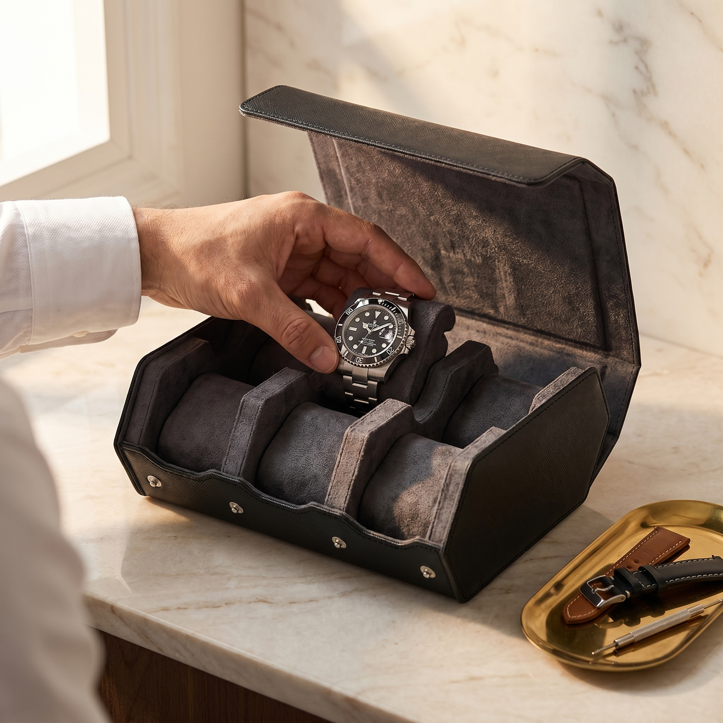 Placing a watch into the black leather roll on a marble surface