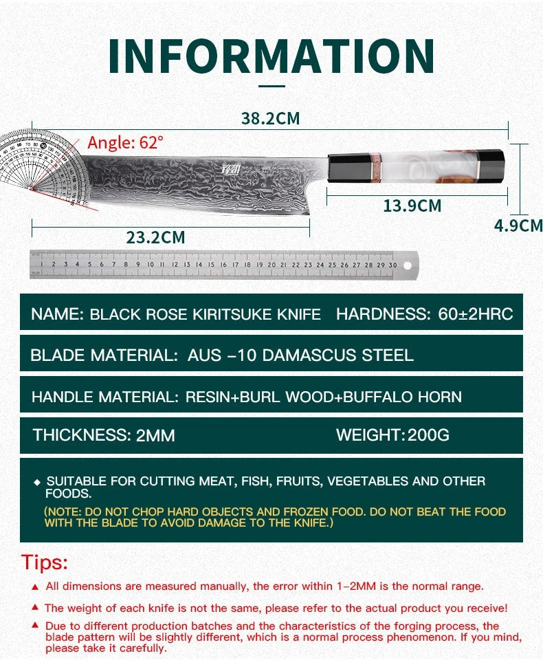 Black Rose Kiritsuke Knife, Damascus 9.1 inch