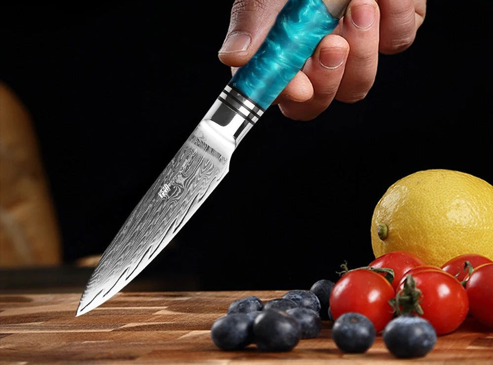 Blue Resin Petty Knife, Damascus 4.3 inch