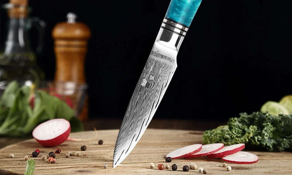 Blue Resin Petty Knife, Damascus 4.3 inch